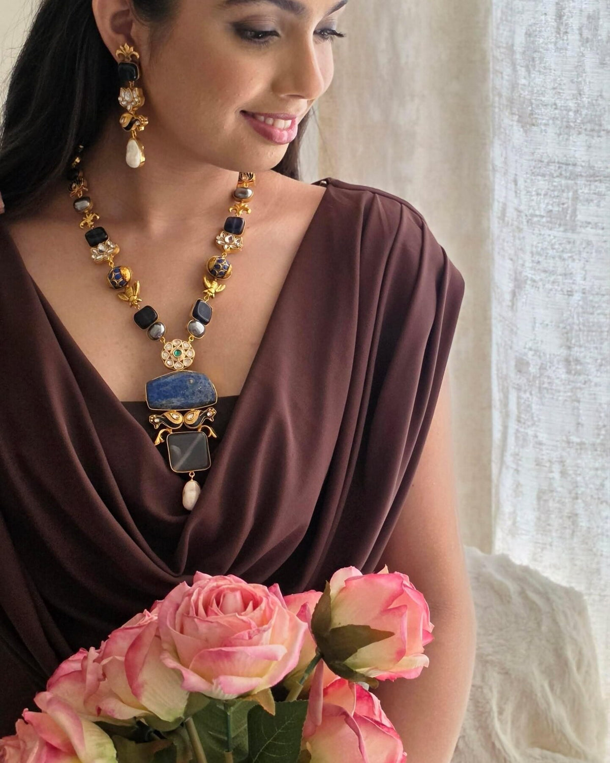 Zaelia semi-precious stone long necklace, worn