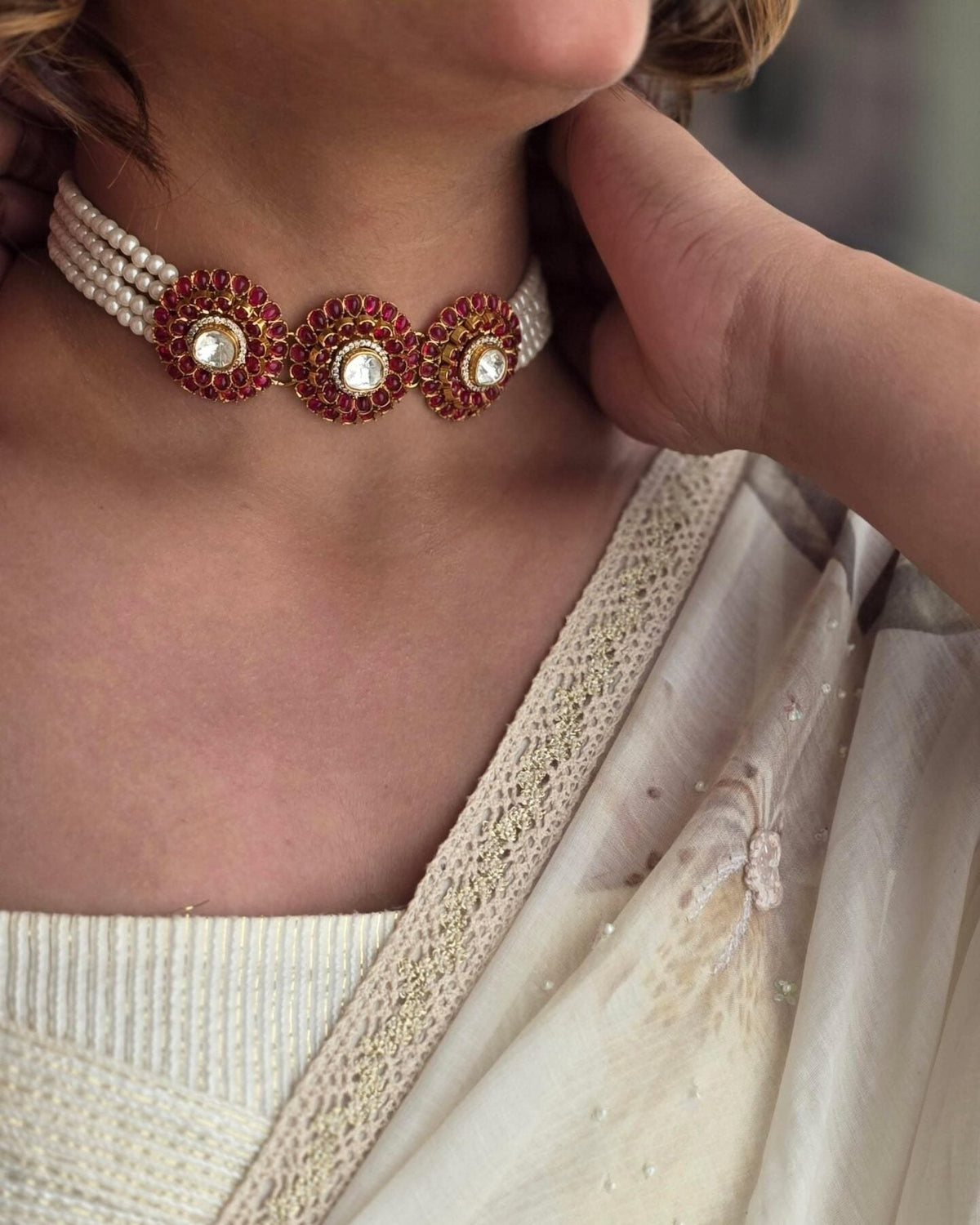 Shrushti polki and pearl choker, worn