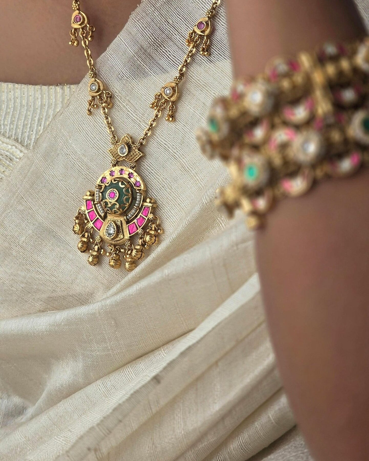 Lakshmi handcrafted long temple necklace, worn