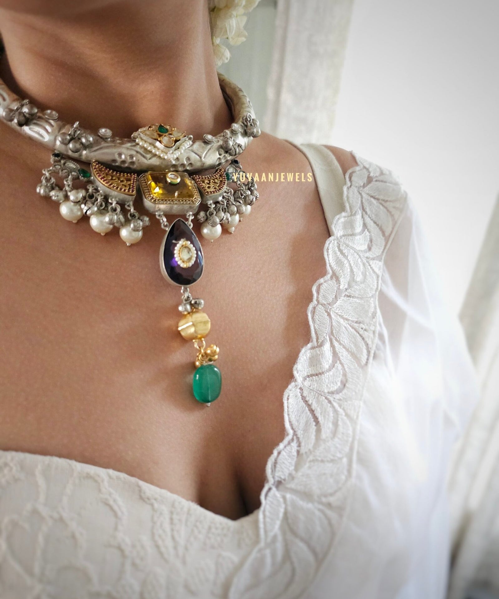 Meena handcrafted silver hasli necklace