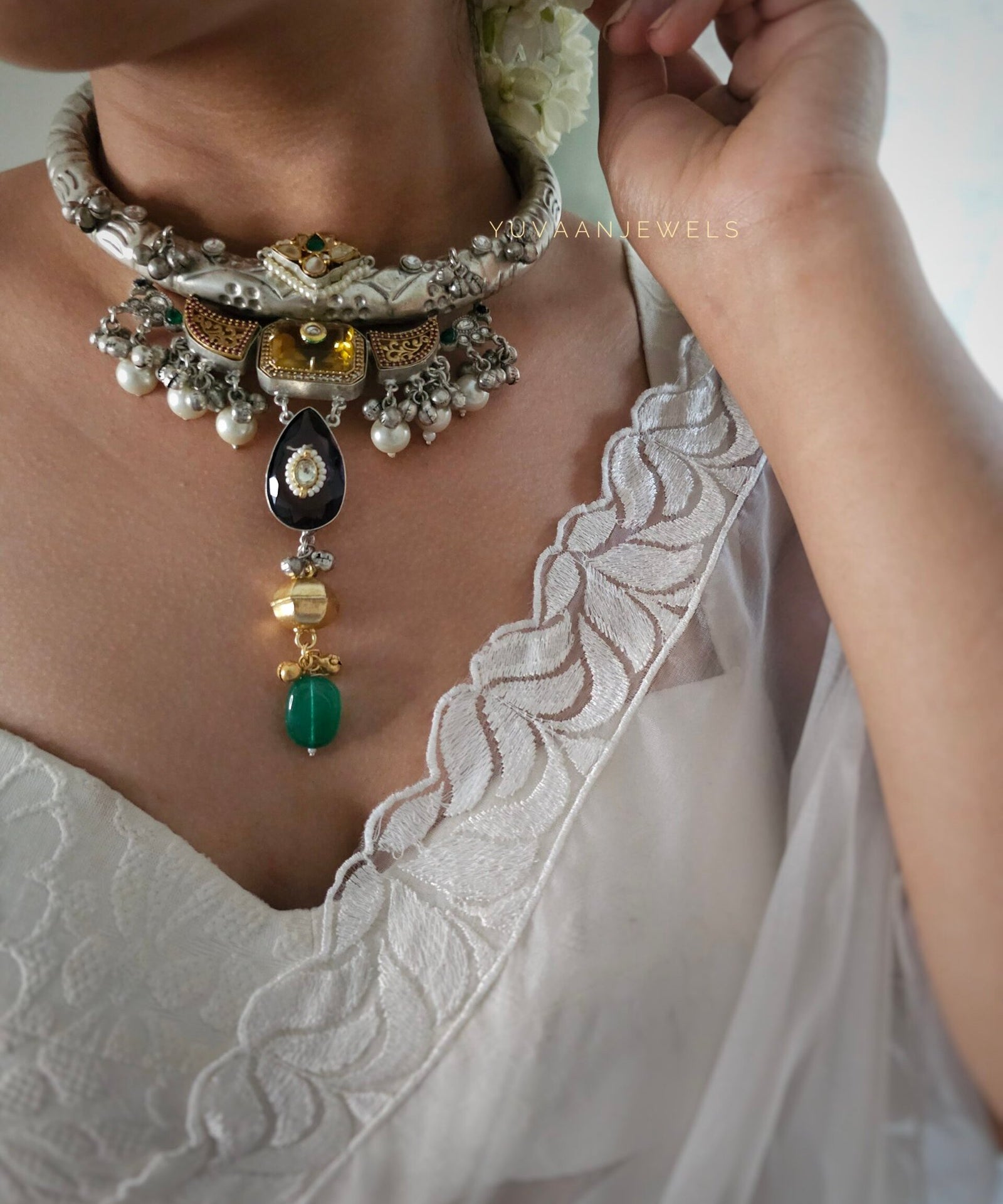 Meena handcrafted silver hasli necklace