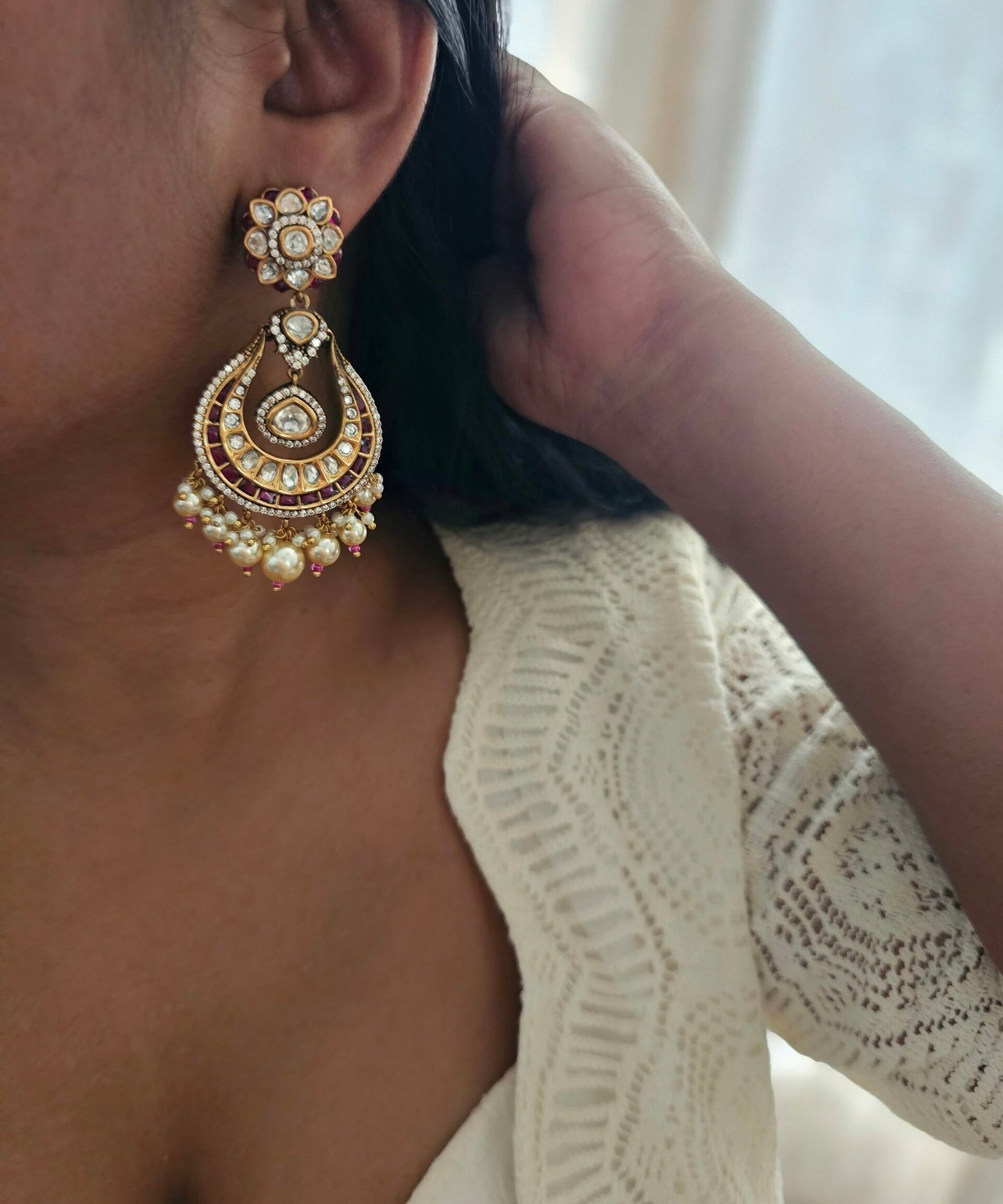 Ruhi pearls and polki earrings