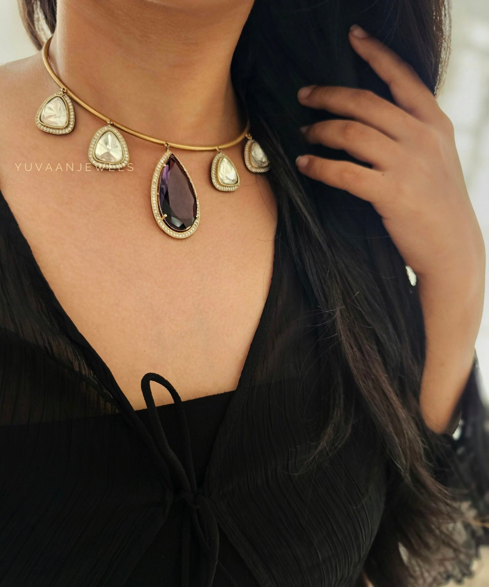 Disha Quartz and polki Hasli necklace