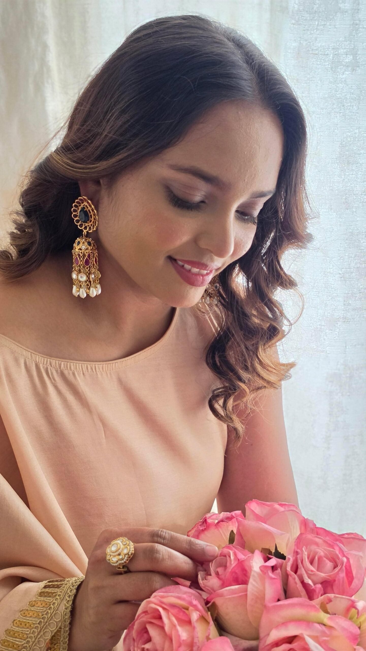 Karishma handcrafted pearl and polki jhumki