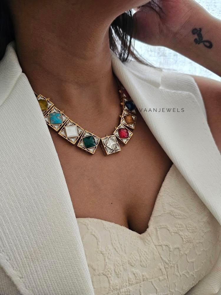 Basira navratna square necklace Thumbnail