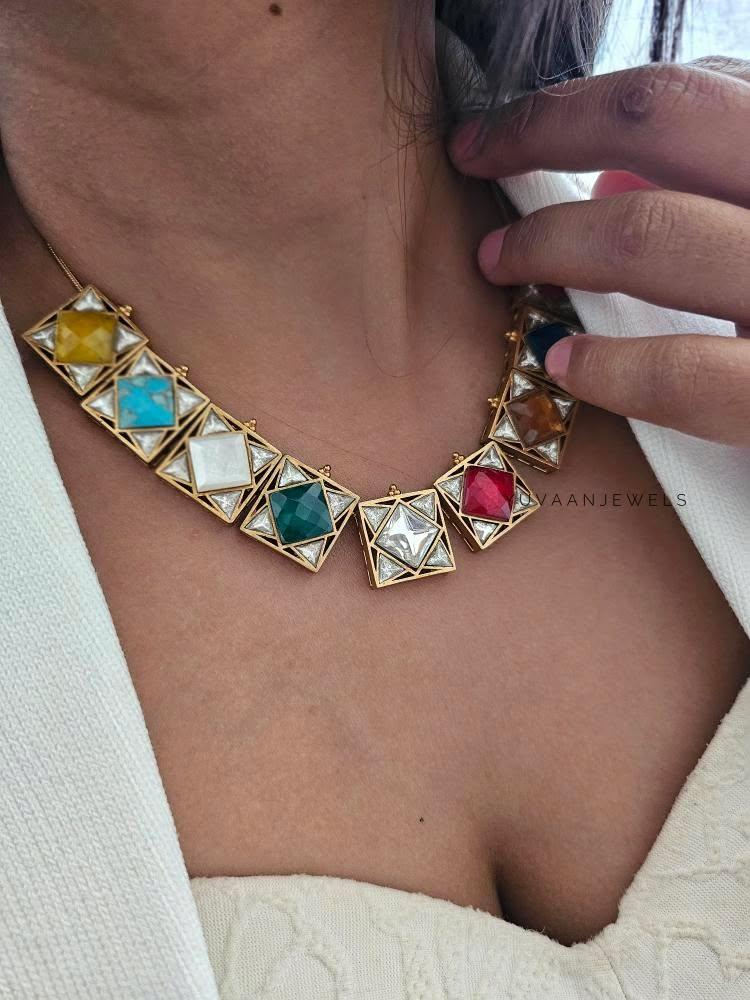 Basira navratna square necklace Thumbnail