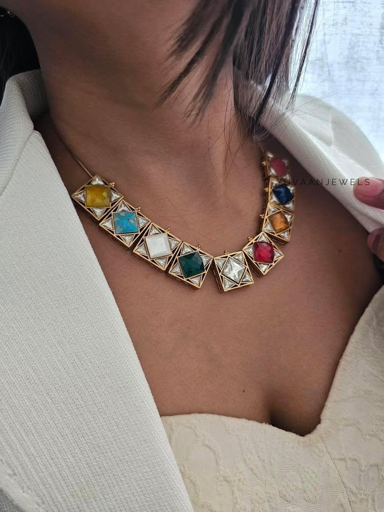 Basira navratna square necklace Thumbnail