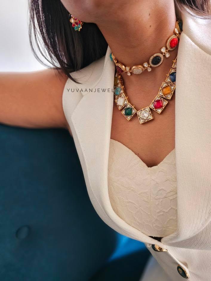 Basira navratna square necklace Thumbnail