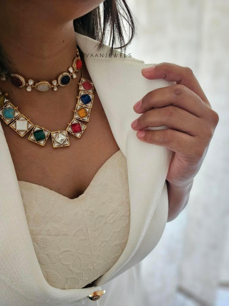 Basira navratna square necklace Thumbnail