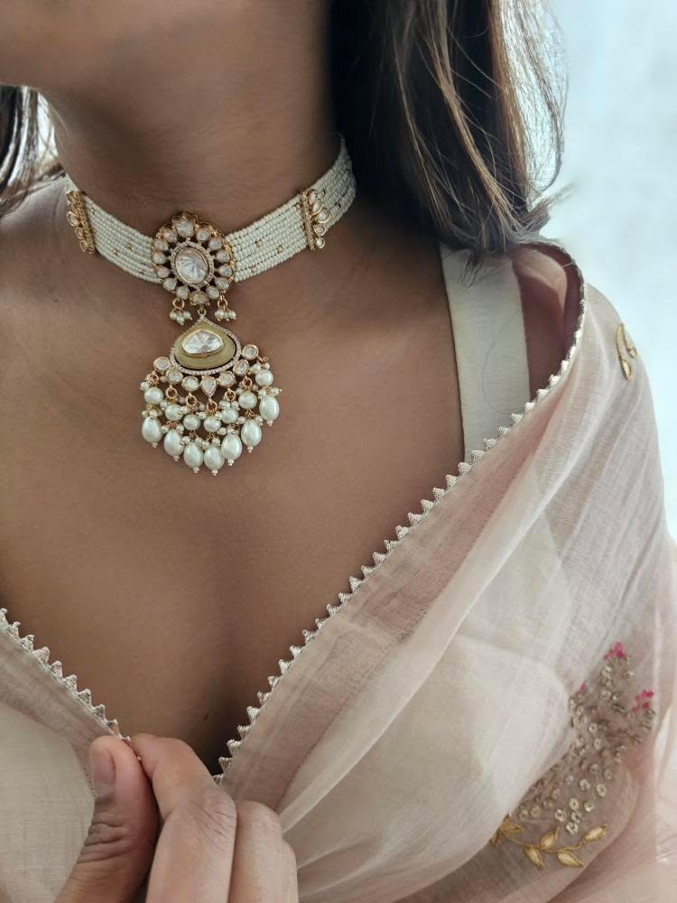 Saaz pearl and polki choker Thumbnail