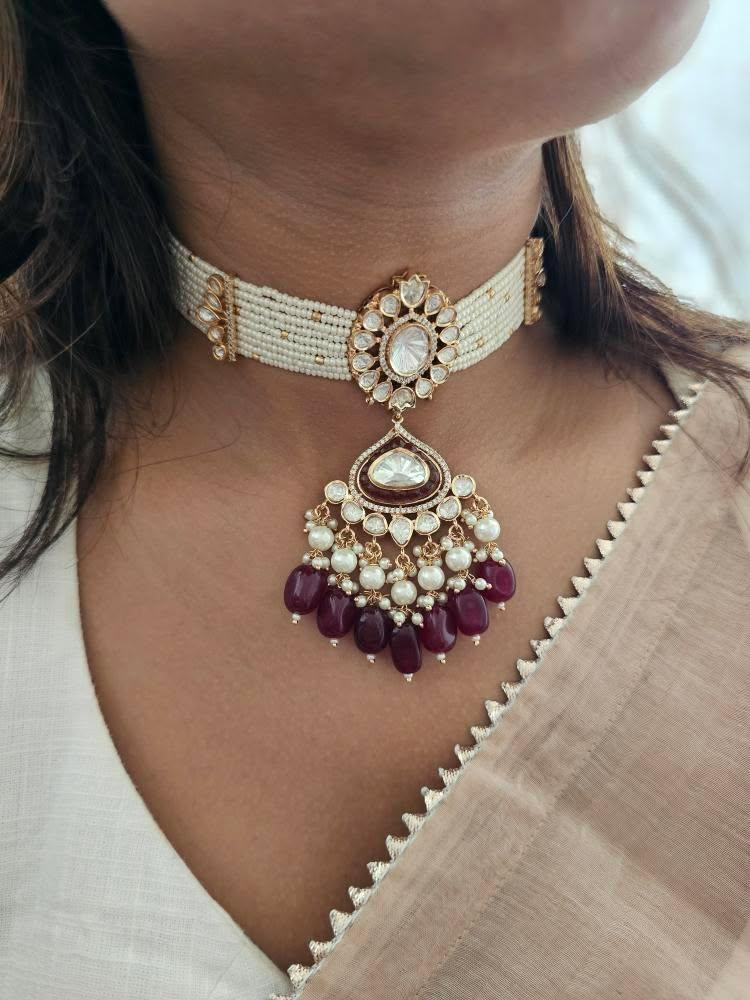 Saaz pearl and polki choker Thumbnail