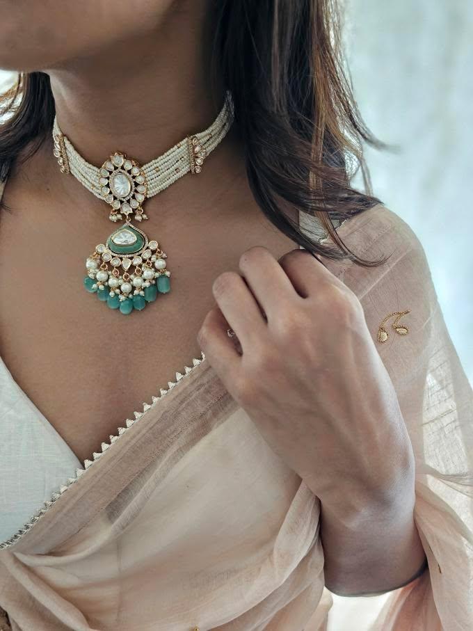 Saaz pearl and polki choker Thumbnail