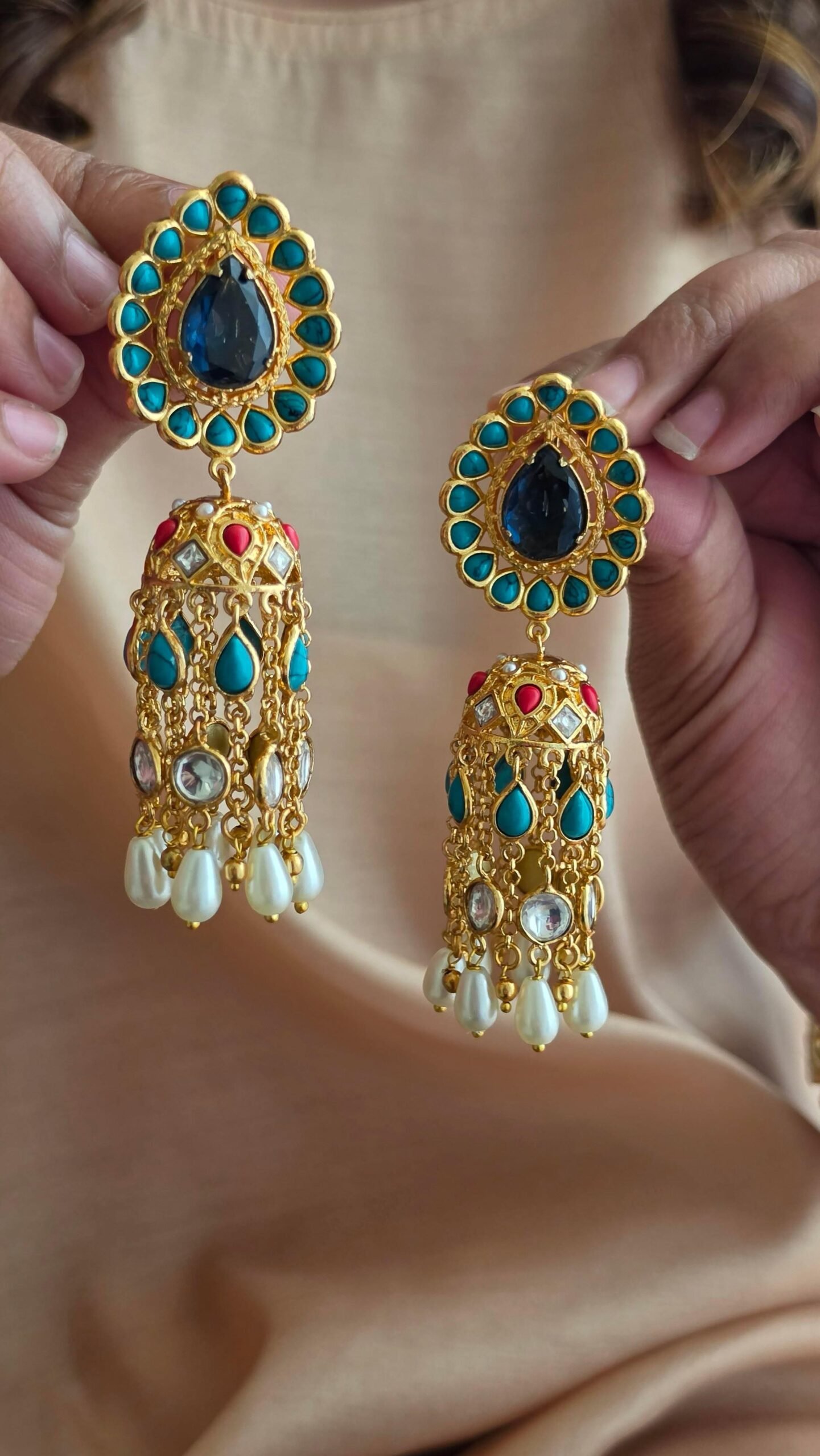 Karishma handcrafted pearl and polki jhumki Thumbnail