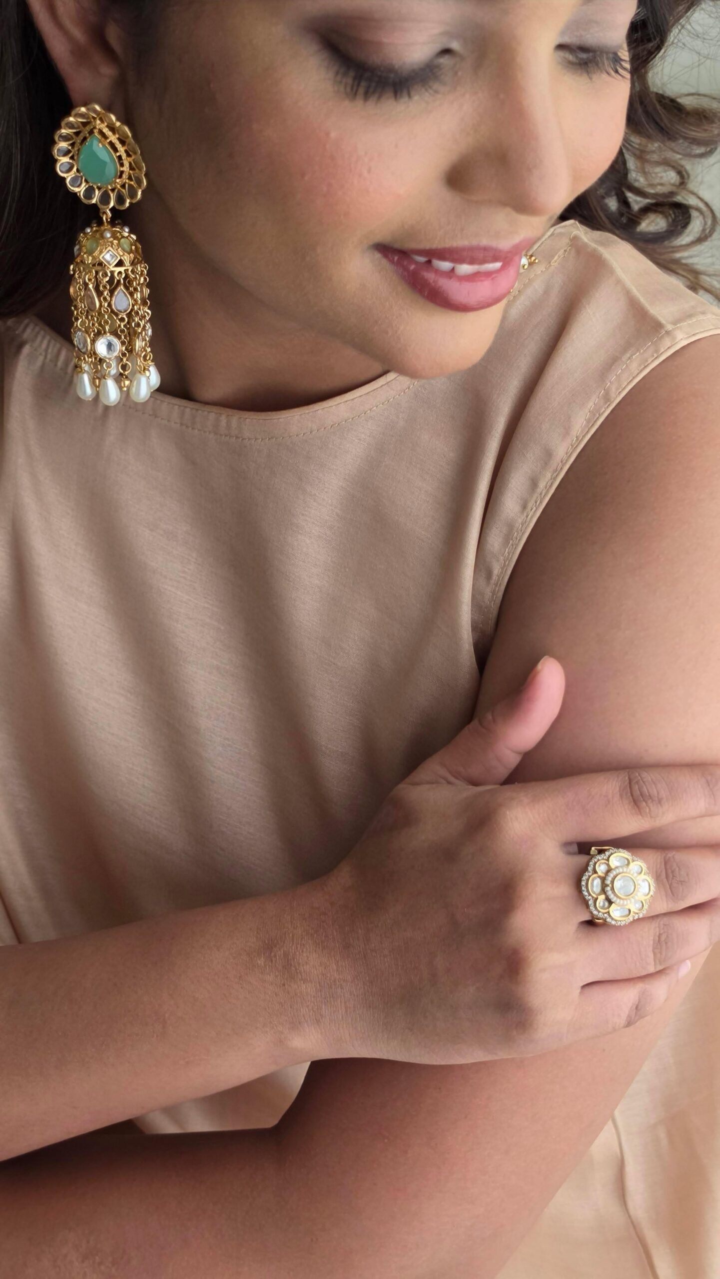 Karishma handcrafted pearl and polki jhumki Thumbnail
