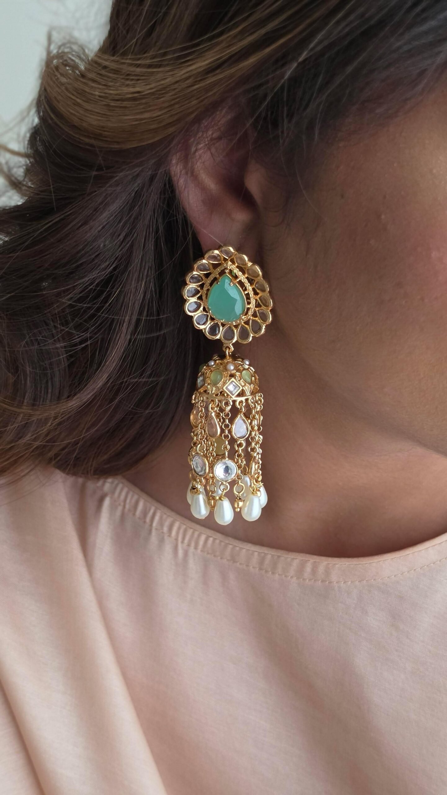 Karishma handcrafted pearl and polki jhumki Thumbnail