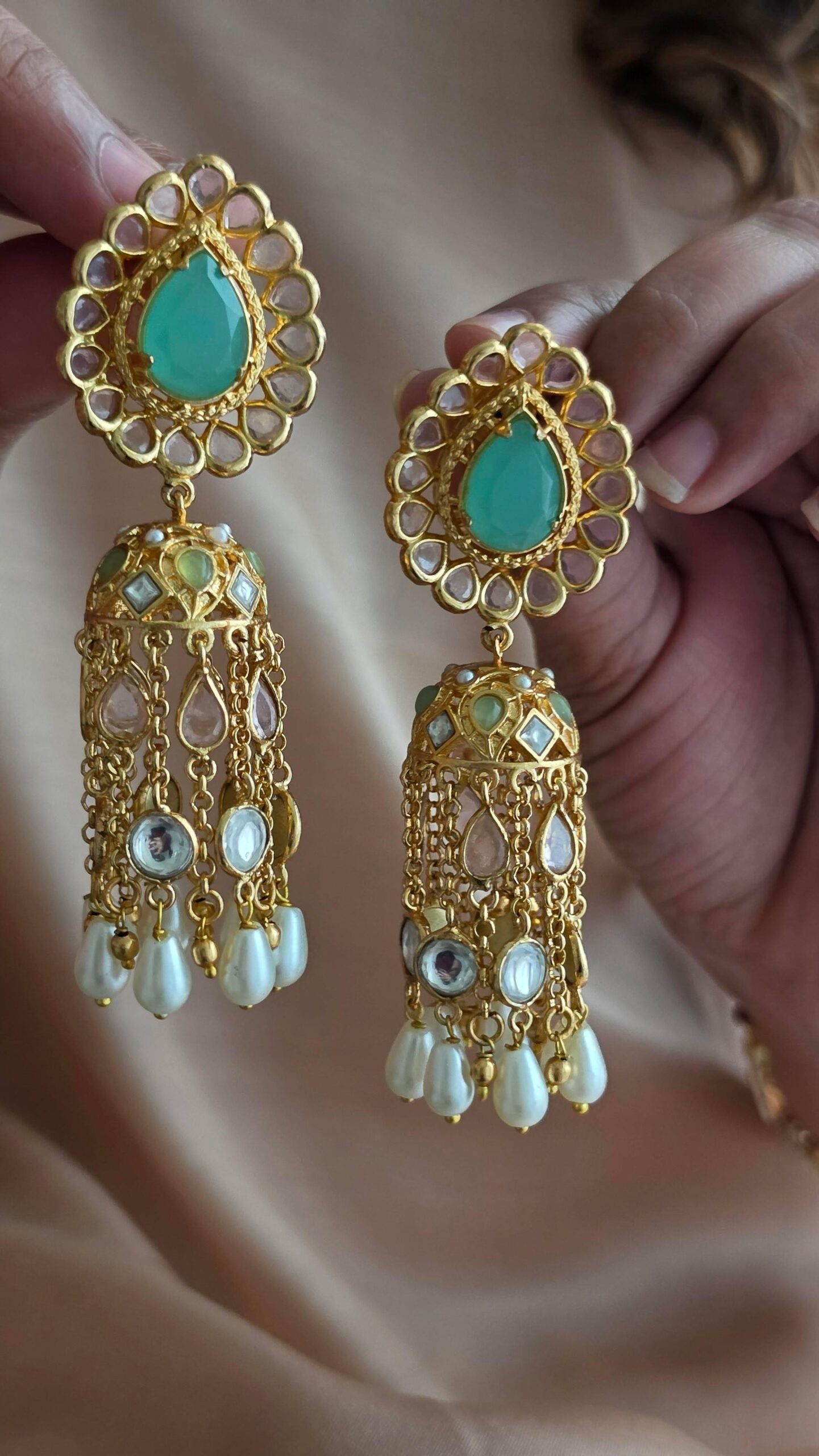 Karishma handcrafted pearl and polki jhumki Thumbnail