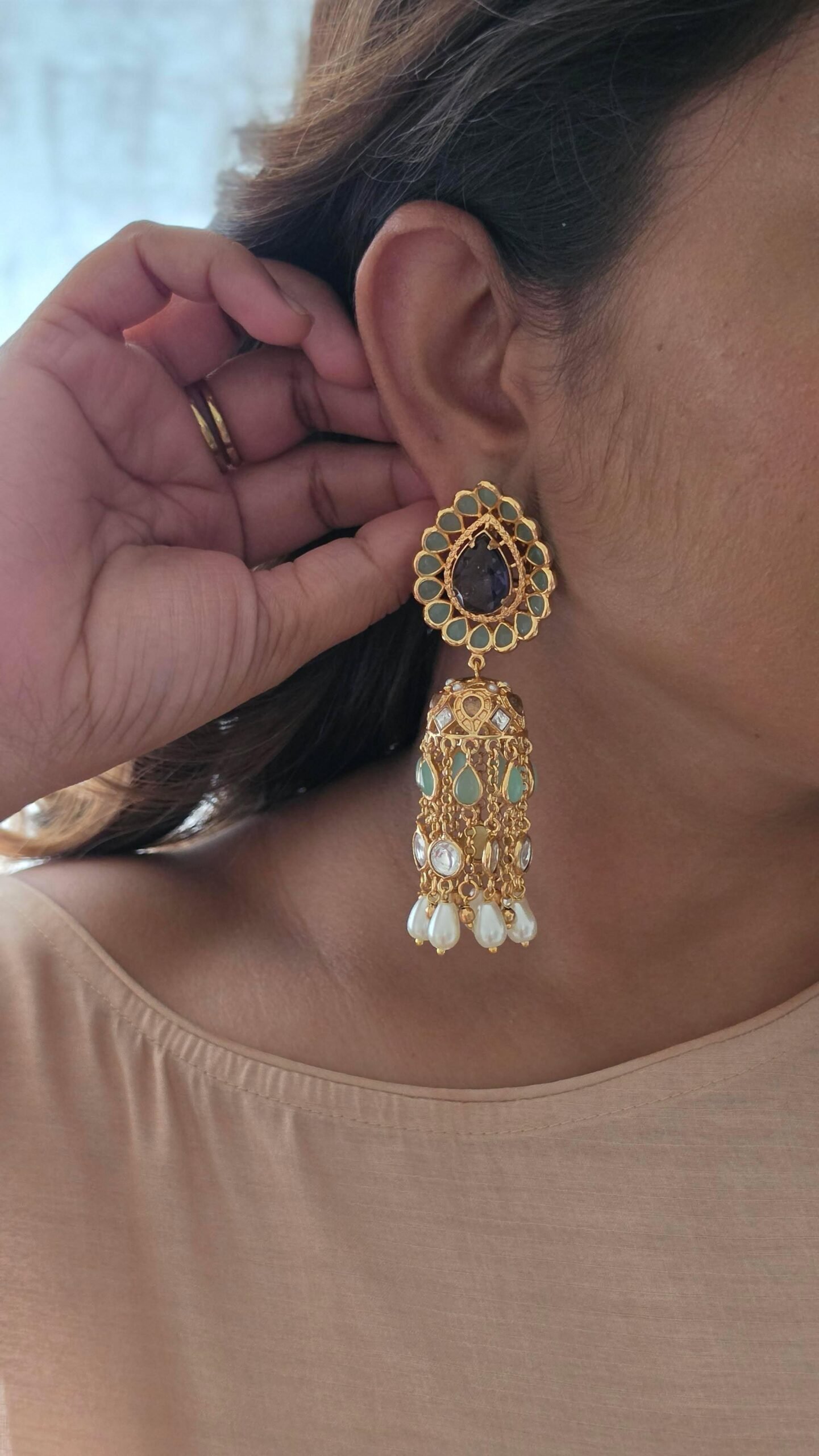 Karishma handcrafted pearl and polki jhumki Thumbnail