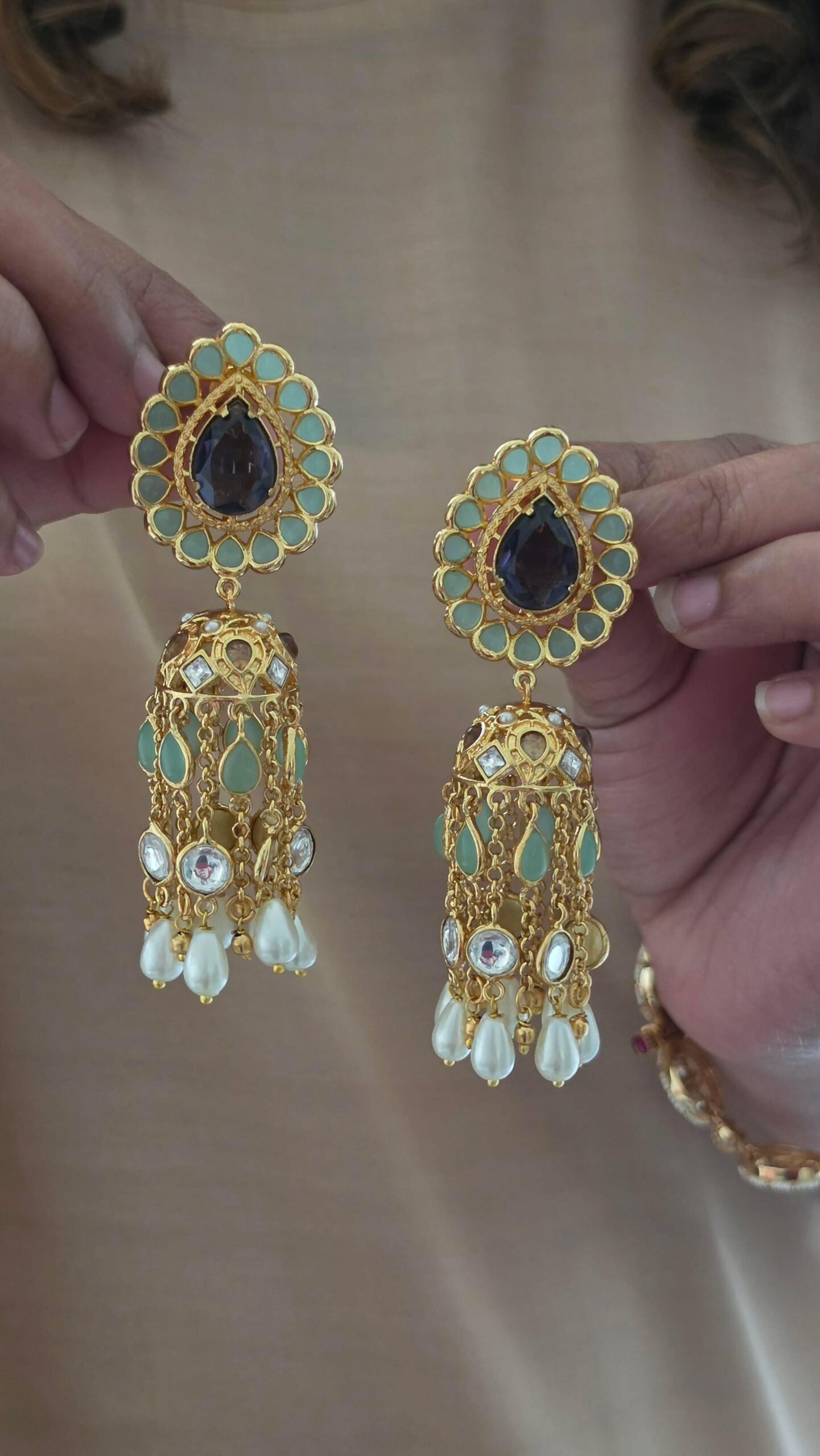Karishma handcrafted pearl and polki jhumki Thumbnail