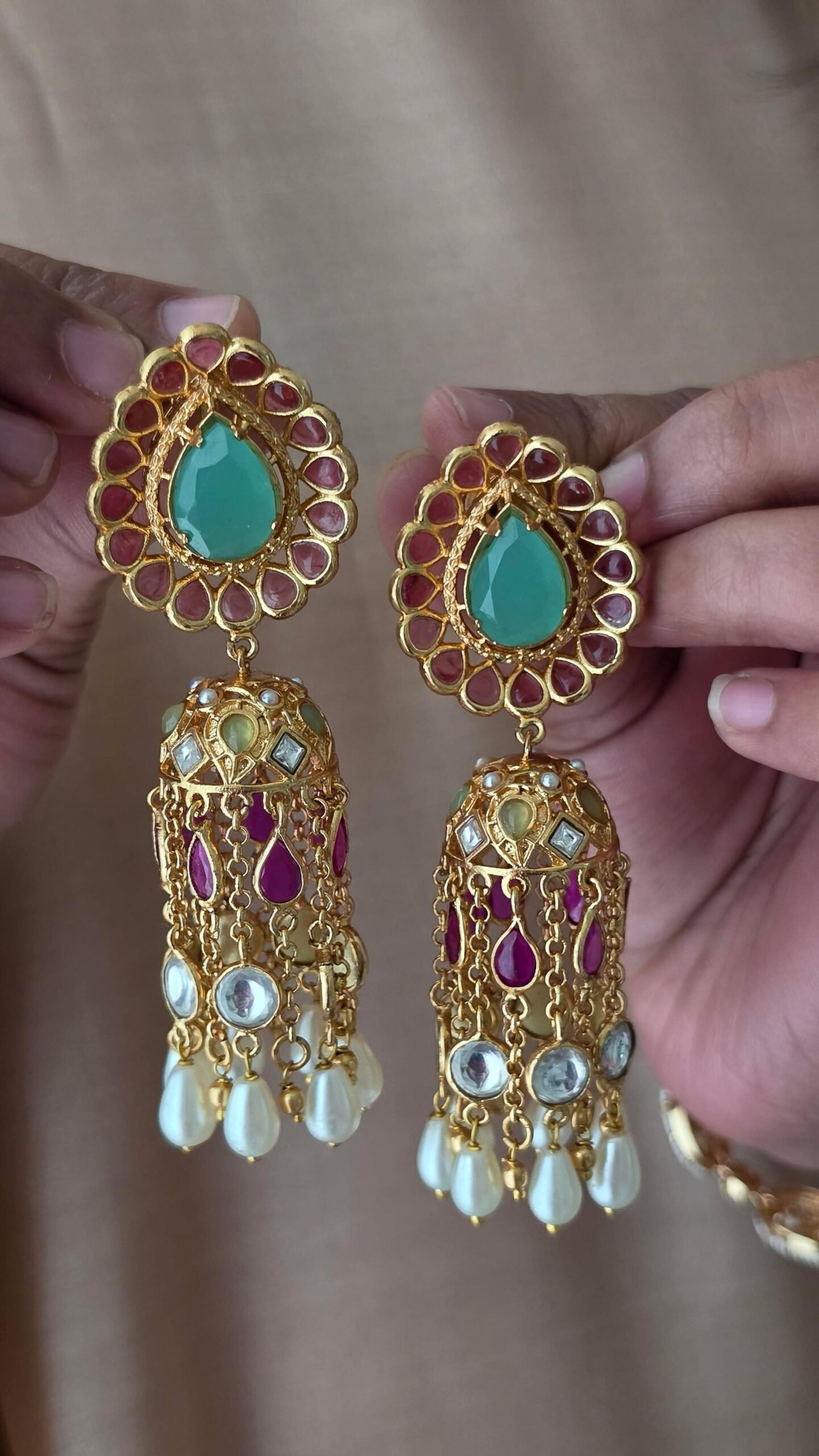 Karishma handcrafted pearl and polki jhumki Thumbnail