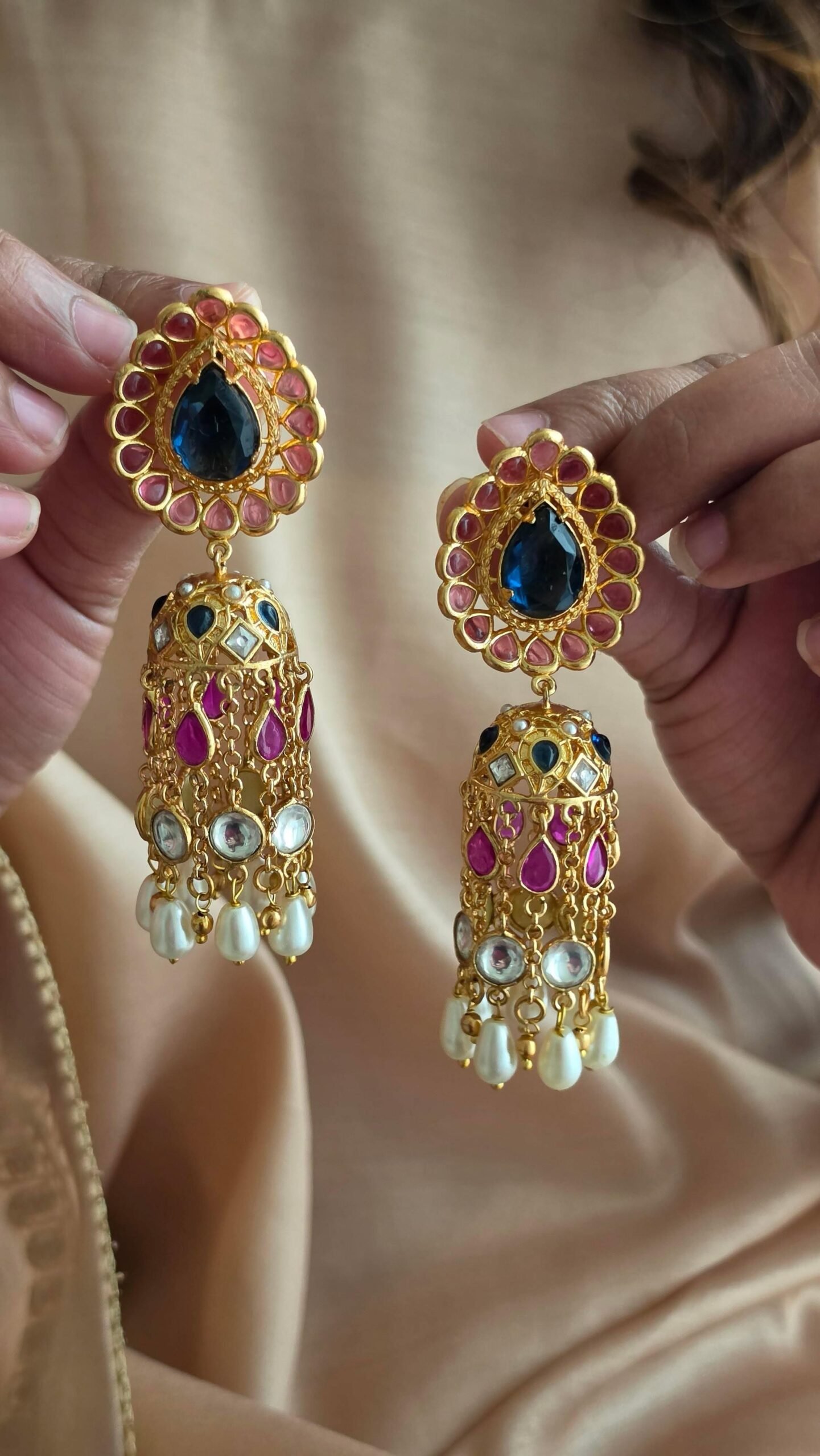 Karishma handcrafted pearl and polki jhumki Thumbnail