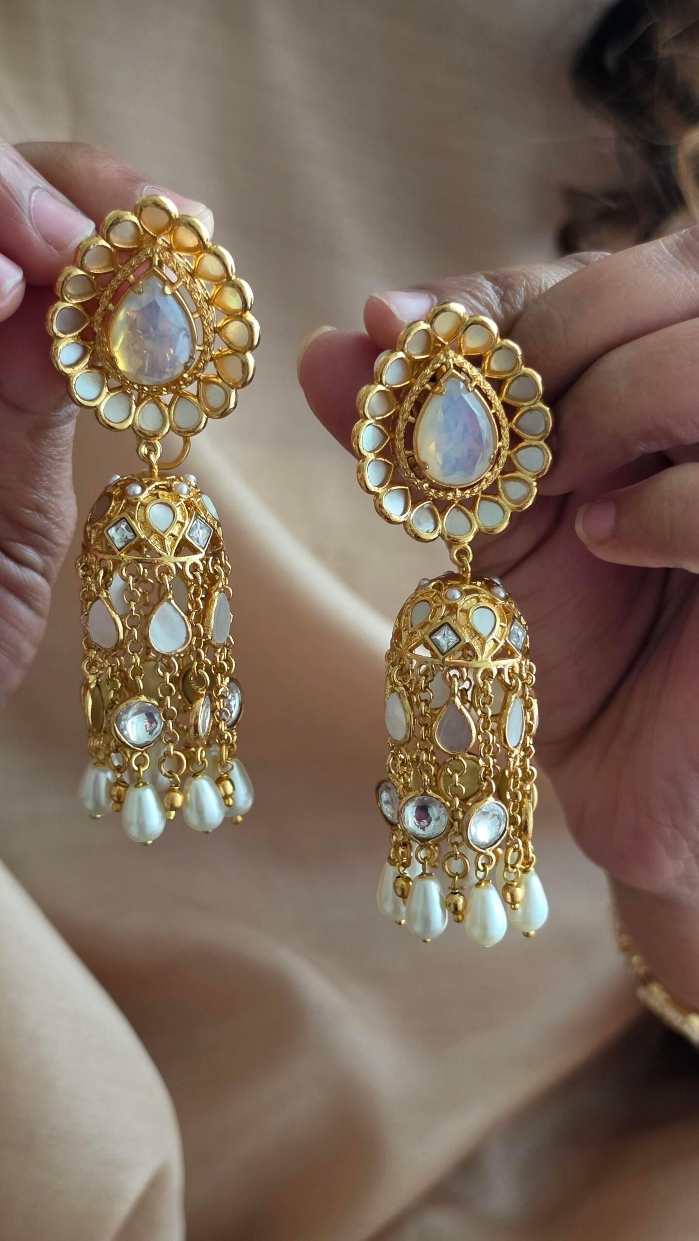 Karishma handcrafted pearl and polki jhumki Thumbnail