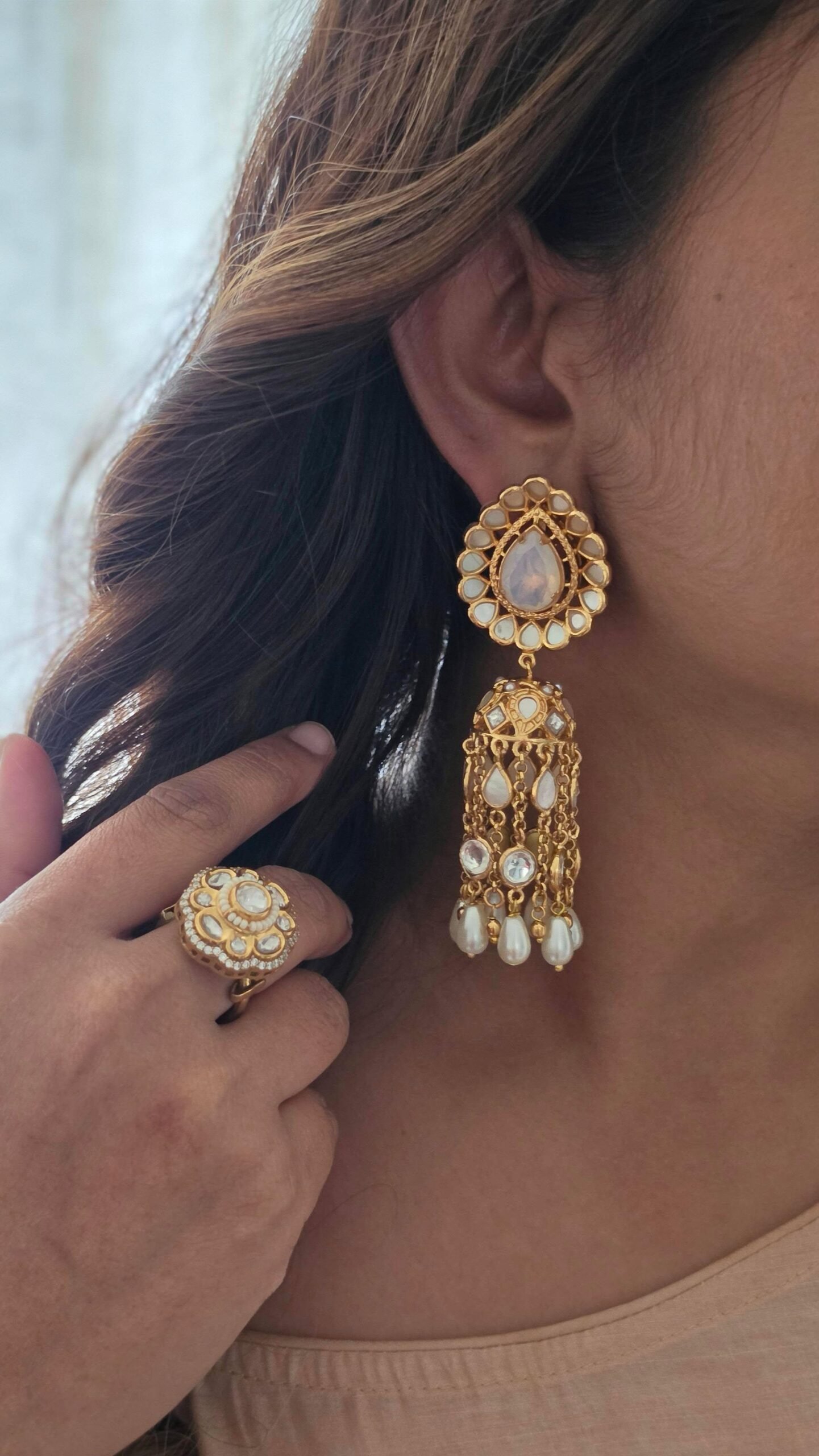 Karishma handcrafted pearl and polki jhumki Thumbnail