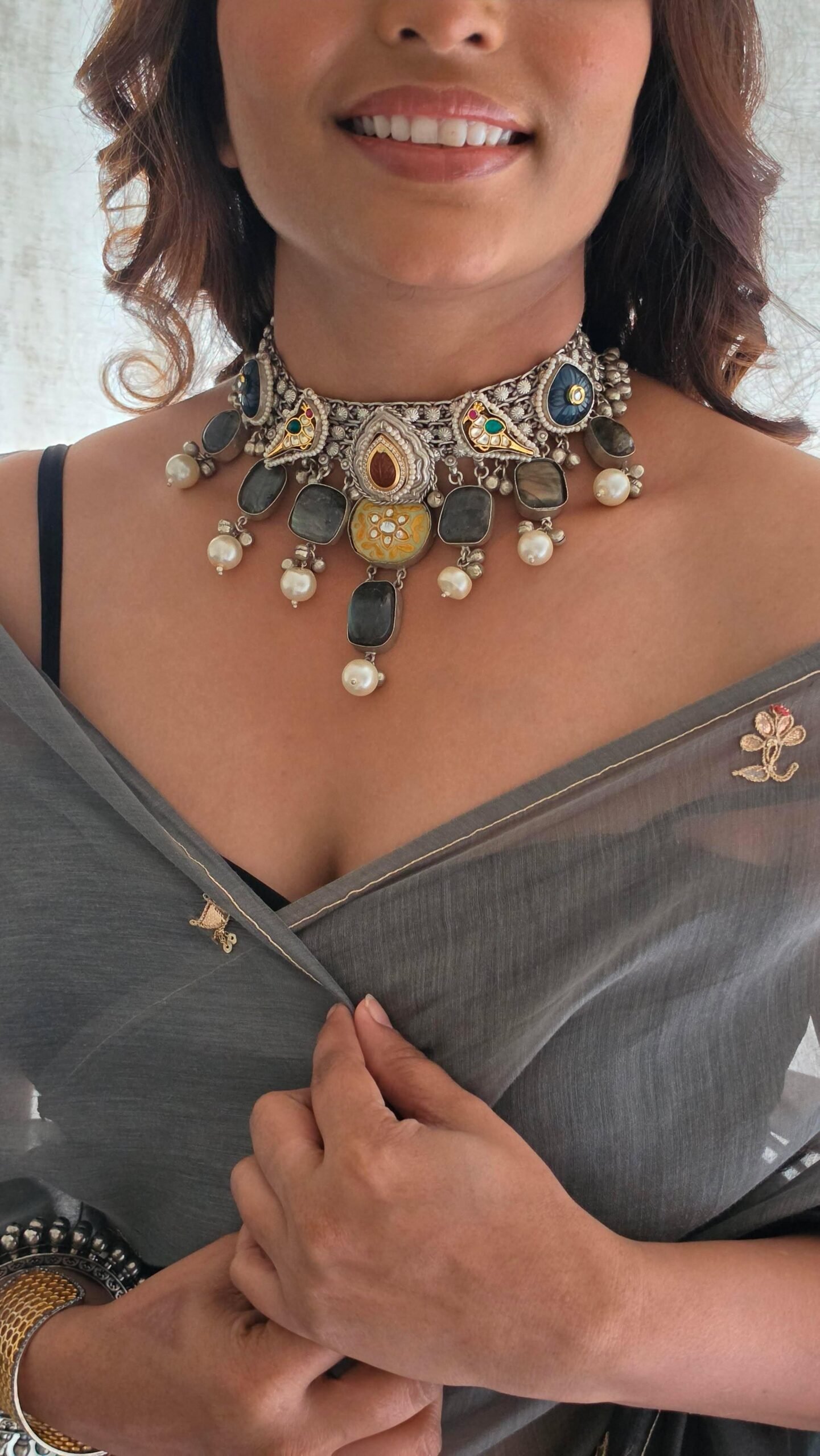 Tasbeel quartz handcrafted silver choker Thumbnail