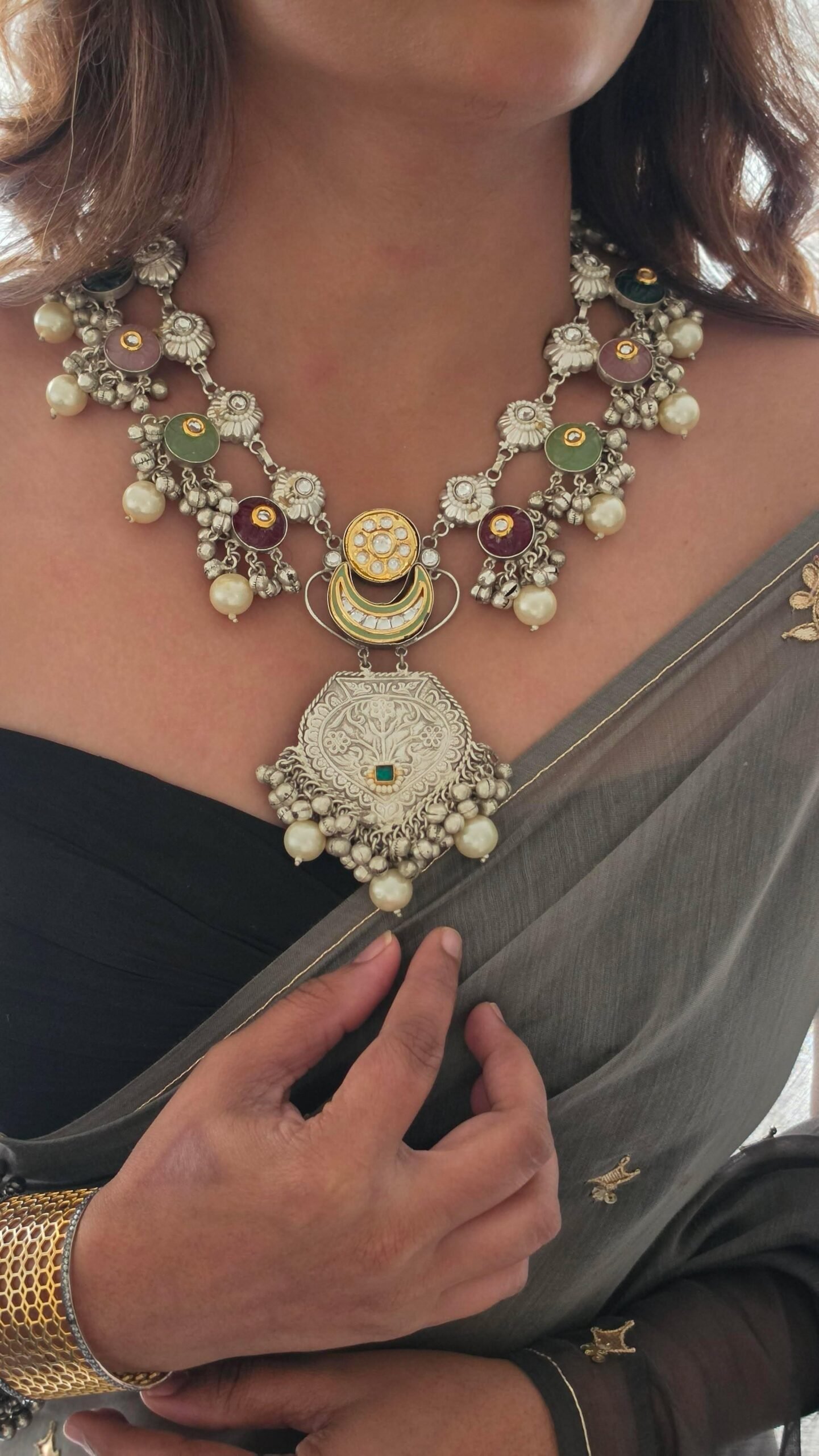Gauri handcrafted silver necklace Thumbnail