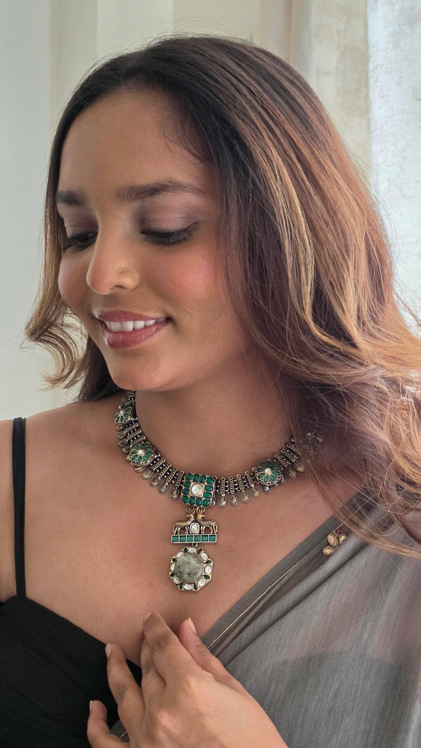 Navya handcrafted silver necklace Thumbnail