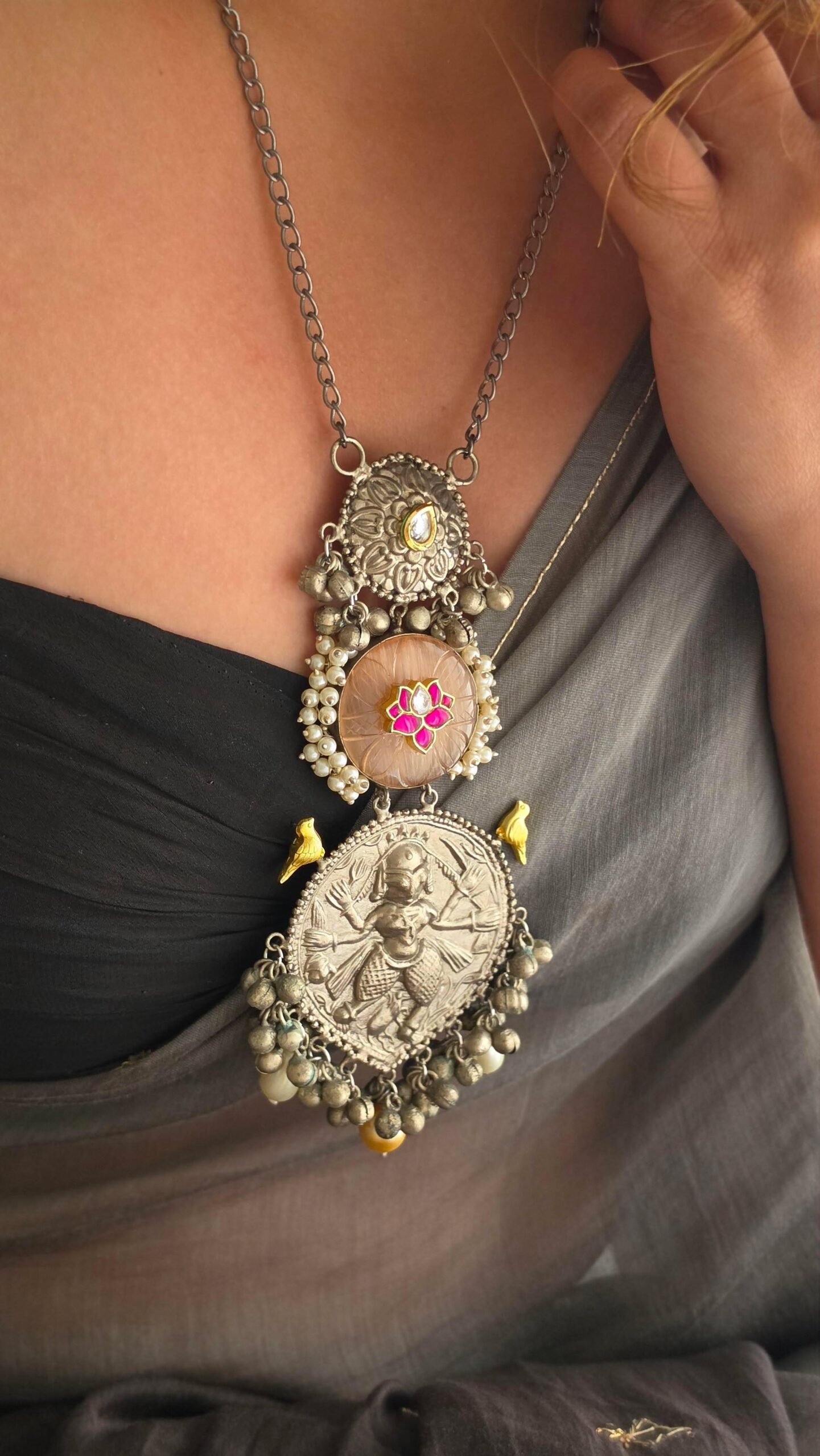 Isha handcrafted delicate long silver necklace Thumbnail
