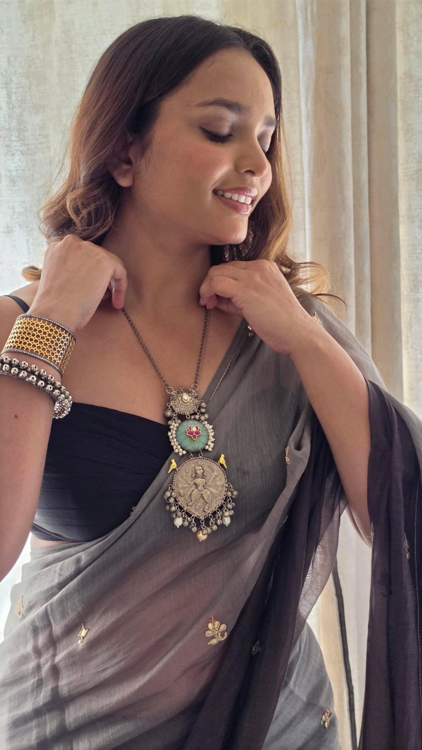 Isha handcrafted delicate long silver necklace Thumbnail