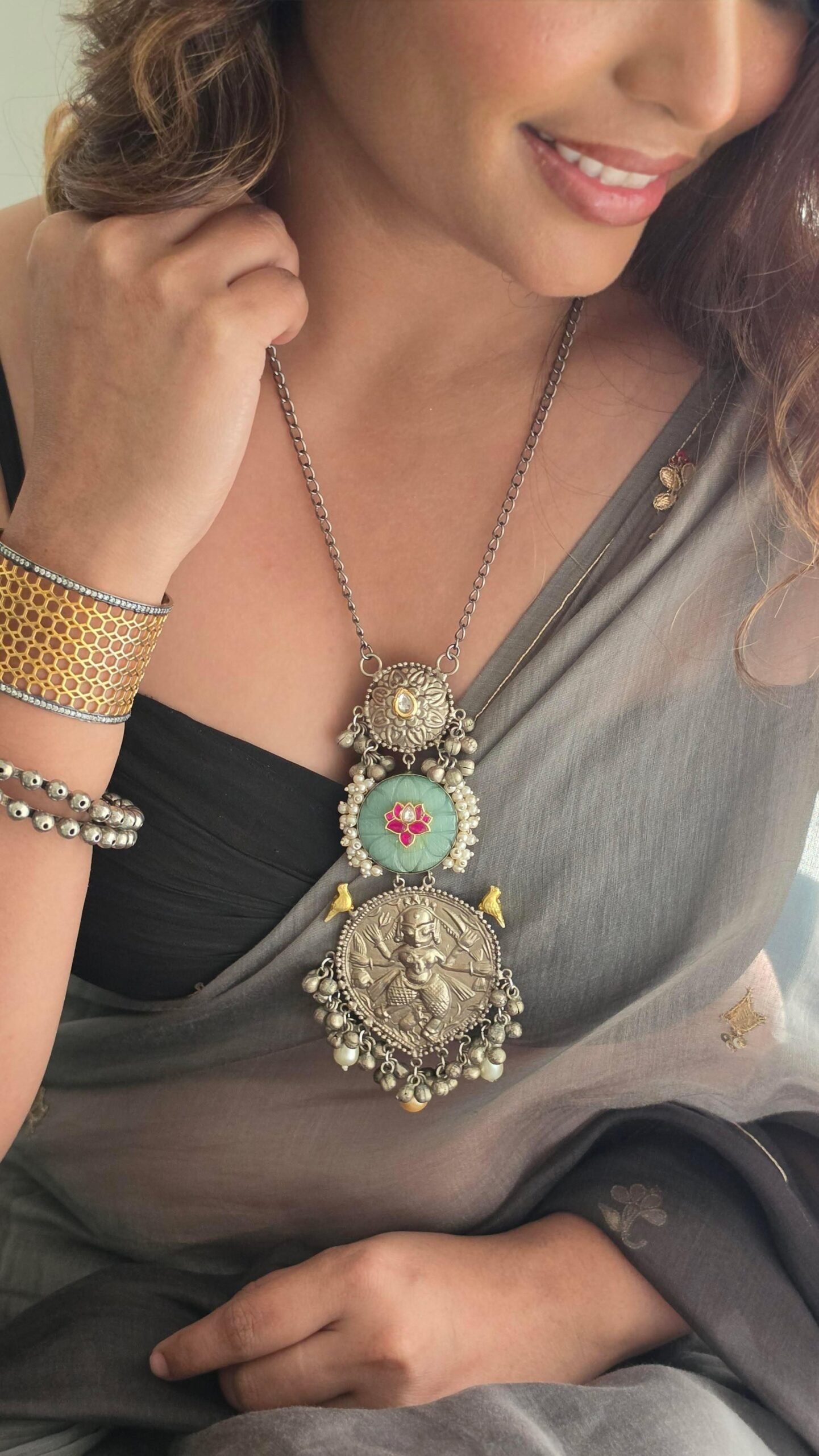 Isha handcrafted delicate long silver necklace Thumbnail