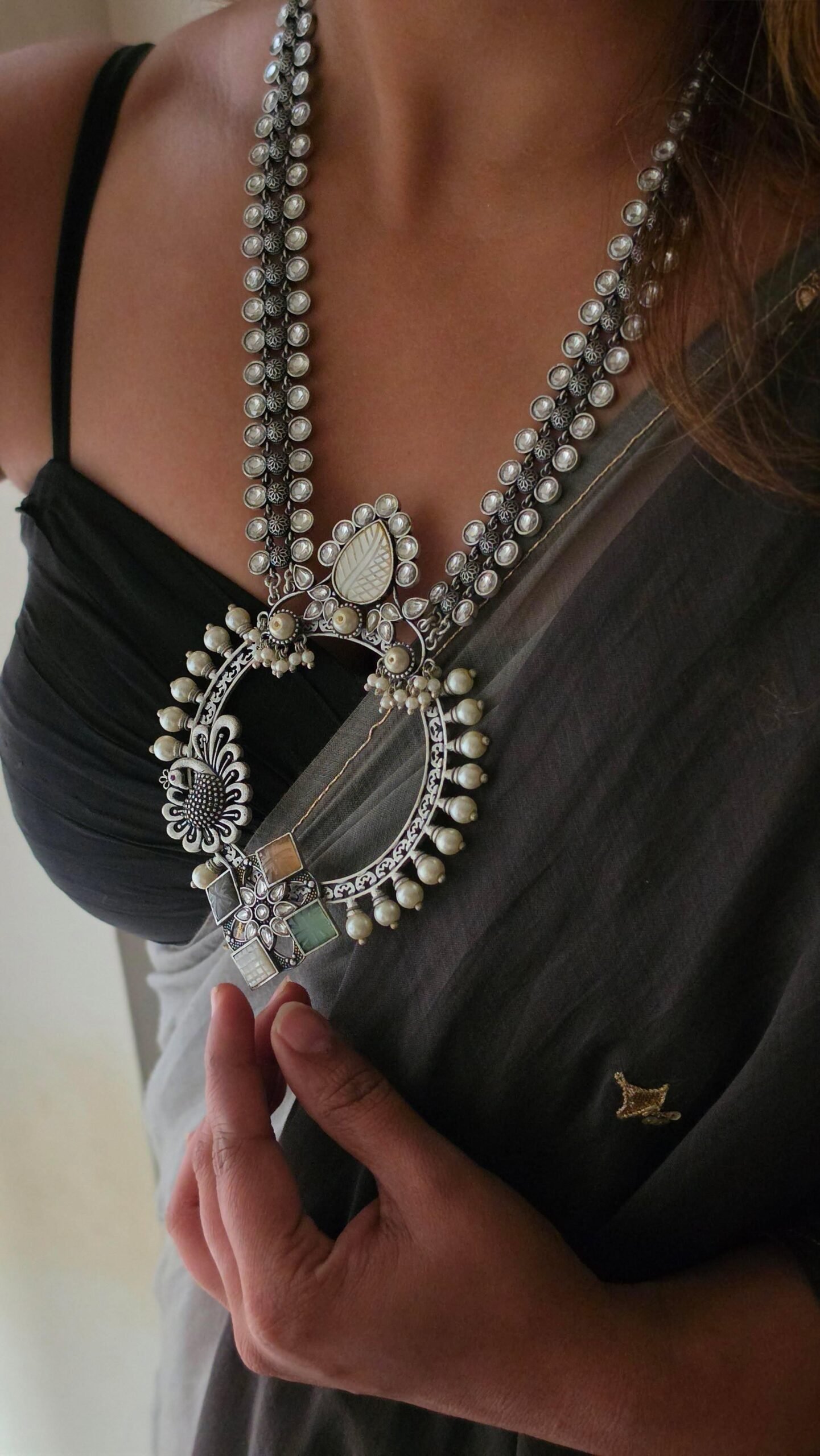 Ishita handcrafted long silver necklace Thumbnail