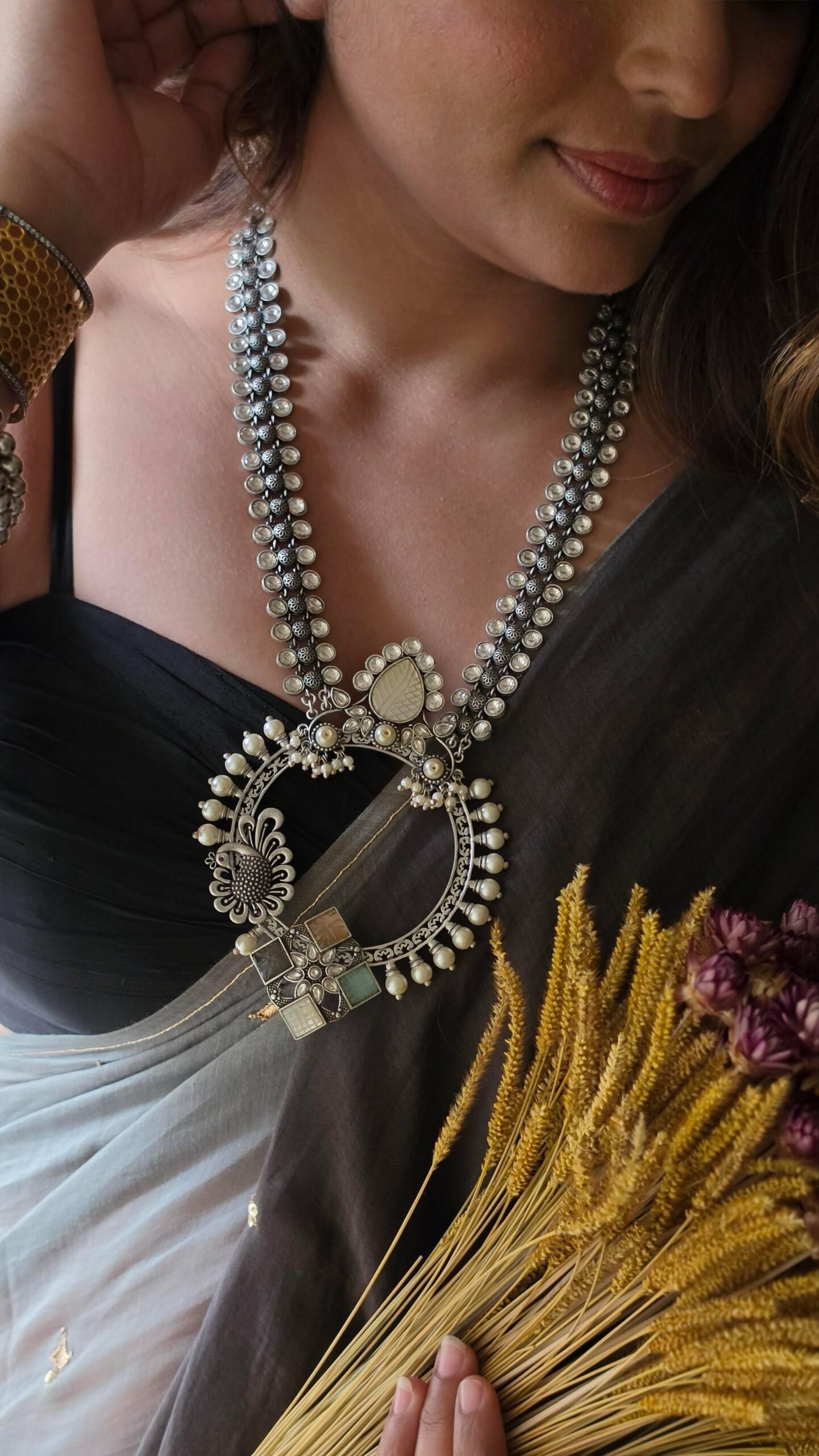 Ishita handcrafted long silver necklace Thumbnail